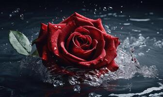 ai généré rouge Rose dans l'eau avec éclaboussures et gouttes sur foncé bleu Contexte photo