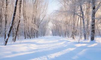 ai généré magnifique hiver paysage avec neige couvert des arbres dans forêt à lever du soleil. photo