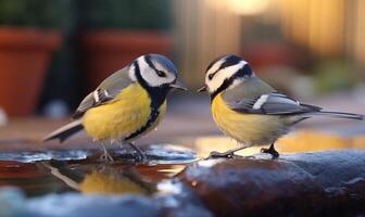 ai généré deux bleu mésange des oiseaux séance dans l'eau photo