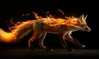 ai généré ardent Renard sur une noir Contexte. Feu dans le sombre. fantaisie animal, Feu élément. photo