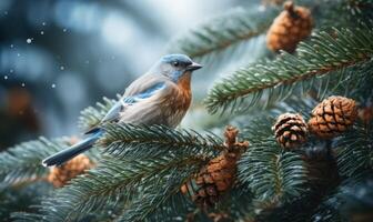 ai généré oiseau bleu séance sur une branche de une épicéa avec pin cônes photo