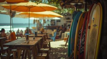ai généré photographier une plage café avec planches de surf comme décor, Contexte image, génératif ai photo