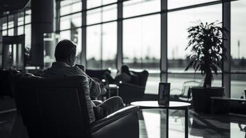 ai généré aéroport salon relaxation, une voyageur profiter une silencieux moment dans un aéroport salon, Contexte image, génératif ai photo