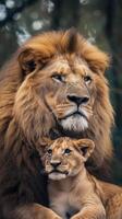 ai généré portrait de une Masculin Lion avec une peu Lion lionceau, Contexte image, génératif ai photo