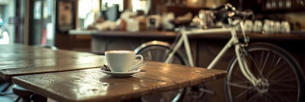 ai généré bicyclette et café, cycliste prise une Pause à une confortable café avec une bicyclette garé proche, Contexte image, génératif ai photo