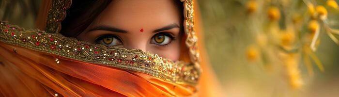 ai généré portrait de Jeune magnifique Indien femelle portant traditionnel Indien vêtements, génératif ai photo
