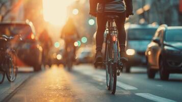 ai généré bicyclette commuer dans le ville, banlieusard sur une vélo navigation par ville circulation, Contexte image, génératif ai photo