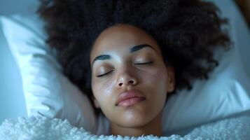 ai généré portrait de une Jeune noir femelle en train de dormir malade dans une hôpital lit avec une peiné affronter, Contexte image, ai généré photo