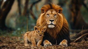 ai généré portrait de une Masculin Lion avec une peu Lion lionceau, Contexte image, génératif ai photo