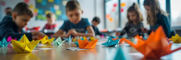 ai généré origami atelier, gens de tout âge engageant dans un origami atelier, Contexte image, génératif ai photo