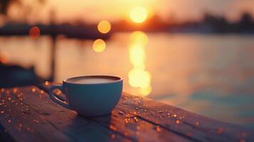 ai généré bord de mer café scène pendant coucher de soleil, Contexte image, génératif ai photo