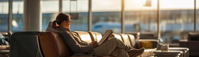 ai généré aéroport salon relaxation, une voyageur profiter une silencieux moment dans un aéroport salon, Contexte image, génératif ai photo