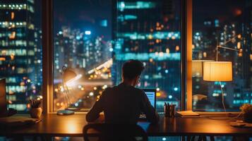 ai généré après des heures travail, doux concentrer lentille, illustrer une dévoué employé travail en retard à le bureau, Contexte image, génératif ai photo