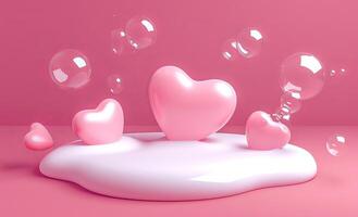 ai généré rose cœur forme ballon avec bulles sur le savon, avec rose Contexte photo
