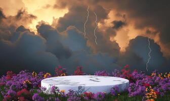 ai généré Naturel pierre podium sur Prairie herbe champ et nuageux ciel Contexte. la nature et temps concept. 3d illustration le rendu photo