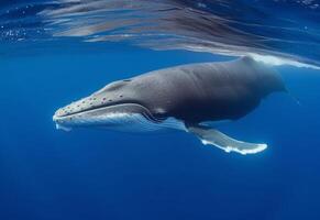 ai généré une Naturel vue comme une bleu baleine nage dans le immensité de le océan photo