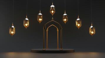 ai généré islamique décoration Contexte avec lanterne et croissant lune luxe style, Ramadan Karim, mawlid, iftar, isra miraj, eid Al fitr adha, Mouharram, copie espace texte zone, 3d illustration. photo