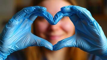 ai généré femme avec gants fabrication cœur forme à le temps de coronavirus photo