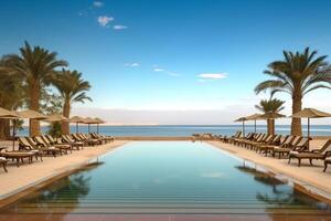 ai généré tropical oasis, somptueux bord de mer recours avec une piscine, salon chaises, parapluies, et paume bordé sérénité photo