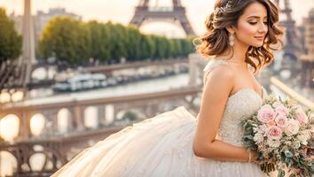 ai généré magnifique la mariée dans une blanc robe contre le toile de fond de le Eiffel la tour photo