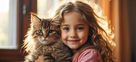 ai généré peu fille avec mignonne chat à Accueil portrait photo