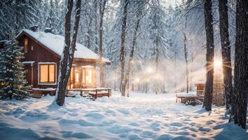 ai généré hiver Maisons dans le forêt photo