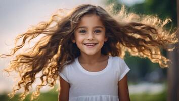 ai généré peu fille avec magnifique cheveux en plein air dans été photo