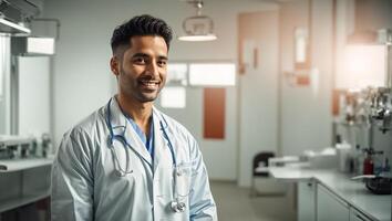 ai généré souriant Masculin médecin dans clinique photo