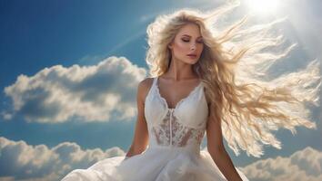 ai généré magnifique fille avec longue blond cheveux contre le Contexte de le ciel avec des nuages photo