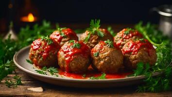 ai généré délicieux appétissant Boulettes de viande dans tomate sauce sur le table photo