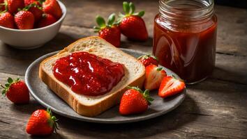 ai généré délicieux appétissant pain avec fraise confiture sur le table photo