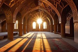 ai généré le coucher du soleil éclairant un fleuri mosquée intérieur photo