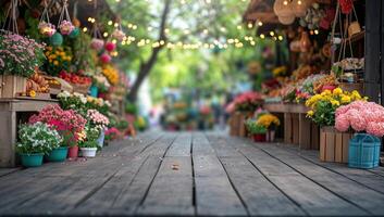 ai généré une fleur marché ruelle orné avec coloré fleurs et pendaison lumières photo