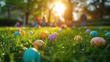 ai généré coloré Pâques des œufs épars sur ensoleillé herbe photo