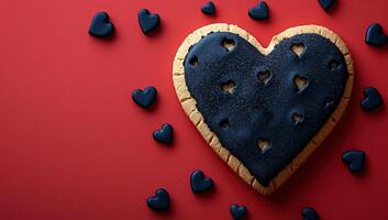 ai généré la Saint-Valentin journée en forme de coeur biscuits sur une rouge Contexte photo