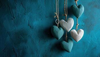 ai généré la Saint-Valentin journée Contexte avec cœurs sur une bleu Contexte. photo