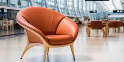 ai généré moderne Orange fauteuil dans le hall de une moderne Bureau bâtiment photo