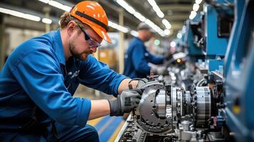 ai généré industriel ouvriers travail sur une machine dans une usine photo