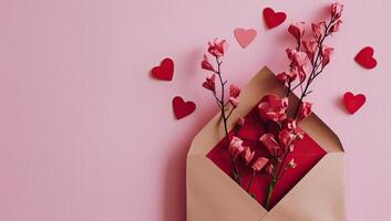 ai généré la Saint-Valentin journée concept. salutation carte avec enveloppe, fleurs et cœurs sur rose Contexte photo