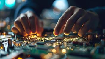 ai généré proche en haut de mains travail sur un complexe électronique circuit planche photo