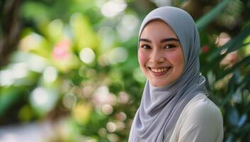 ai généré portrait de magnifique Jeune asiatique musulman femme avec hijab souriant. photo