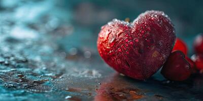 ai généré rouge cœur avec l'eau gouttes sur une foncé Contexte. la Saint-Valentin journée concept photo