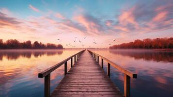 ai généré en bois jetée sur une Lac à lever du soleil avec en volant des oiseaux dans le ciel photo