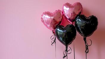 ai généré cœur en forme de des ballons sur une rose Contexte. la Saint-Valentin journée concept. photo