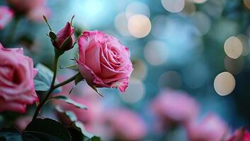 ai généré rose des roses dans le jardin avec bokeh arrière-plan, Valentin journée photo