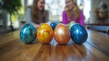 ai généré proche en haut de coloré Pâques des œufs sur en bois table avec flou femmes dans Contexte photo