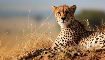 ai généré guépard repos dans d'or africain prairie photo