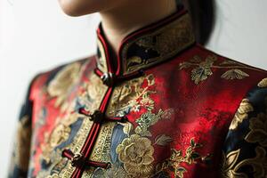 ai généré fermer détails de traditionnel rouge soie chinois Vêtements sur Jeune femme photo