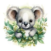 ai généré aquarelle puéril illustration mignonne dessin animé koala avec vert feuilles photo