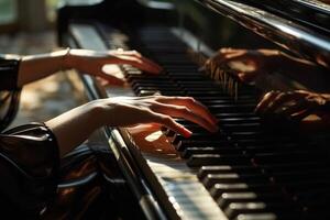 ai généré fermer de gracieux femelle mains sur le clés de un vieux minable piano avec lumière du soleil photo